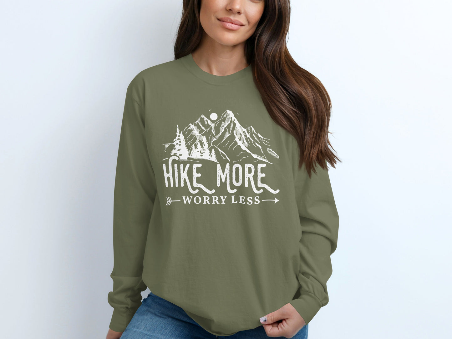 Hike More Worry Less Mountain Design Funny Outdoor Long Sleeve T-Shirt Long Sleeve Tee - Outdoor & Adventure Collection - Mile Marker 16 Gear by Cloud 16 Clothing Co.