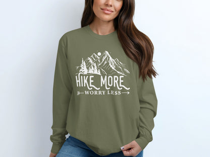 Hike More Worry Less Mountain Design Funny Outdoor Long Sleeve T-Shirt Long Sleeve Tee - Outdoor & Adventure Collection - Mile Marker 16 Gear by Cloud 16 Clothing Co.