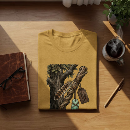 Heritage Walking Stick Spirit: Journey Nomad Tee: Mustard t-shirt with feather and tree branch graphic, "CLOUD 16" tag.