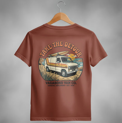 Brown t-shirt with "Take the Detour" van, surfboards, and coastal scene graphic.