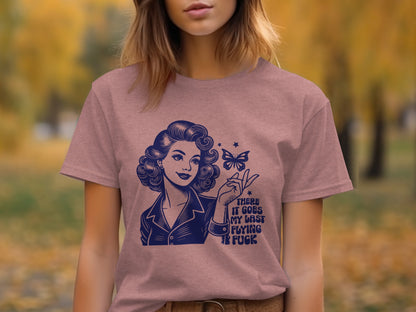 Funny Retro Woman with Butterfly Graphic T-Shirt