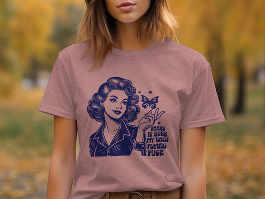 Funny Retro Woman with Butterfly Graphic T-Shirt