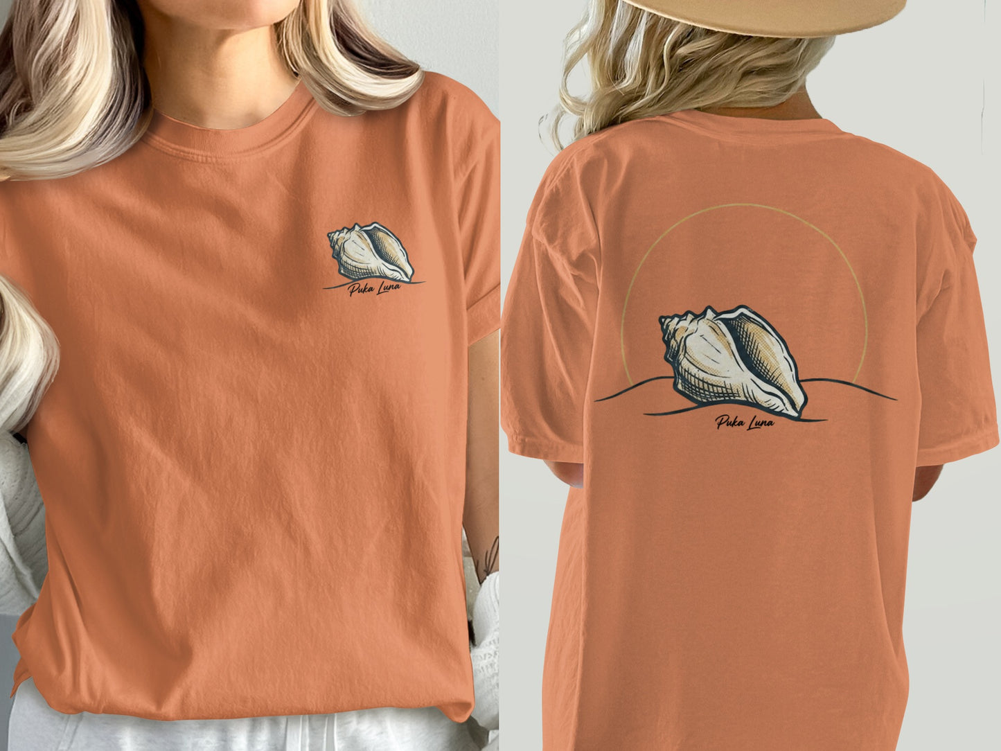 Orange t-shirt with a conch shell design on front and back.