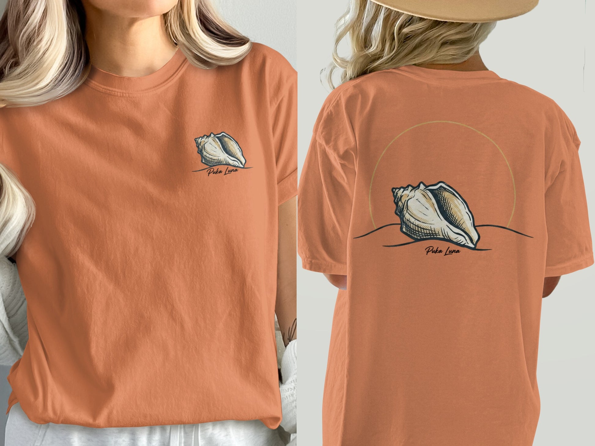 Orange t-shirt with a conch shell design on front and back.