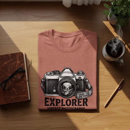 The Analog Explorer's Detour: Backcountry Outpost Shirt: Rust t-shirt with vintage camera graphic and "Explorer Vintage Photography" text.