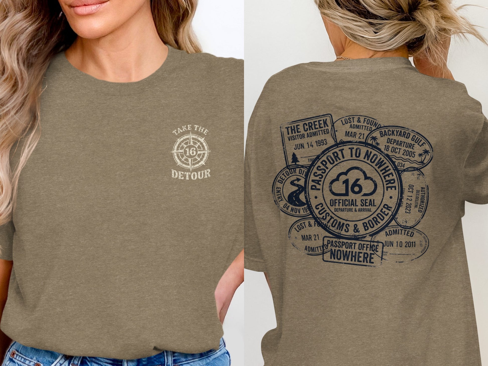 Brown t-shirt with "Take the Detour" on front and passport stamp graphics on back.