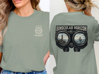 Front: compass logo with "Take the Detour". Back: binoculars viewing lighthouse and boat.