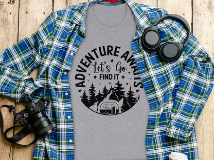Adventure Awaits Let's Go Find It Silhouette Camper T-Shirt T-Shirt - Outdoor & Adventure Collection - Mile Marker 16 Gear by Cloud 16 Clothing Co.