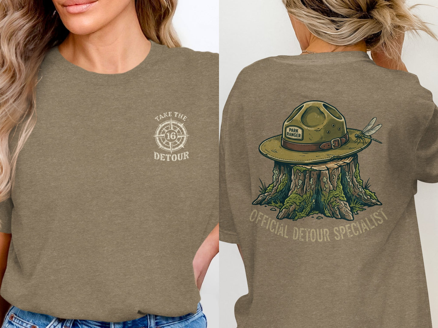 Brown t-shirt with "Take the Detour" compass logo on front and park ranger hat on stump on back.