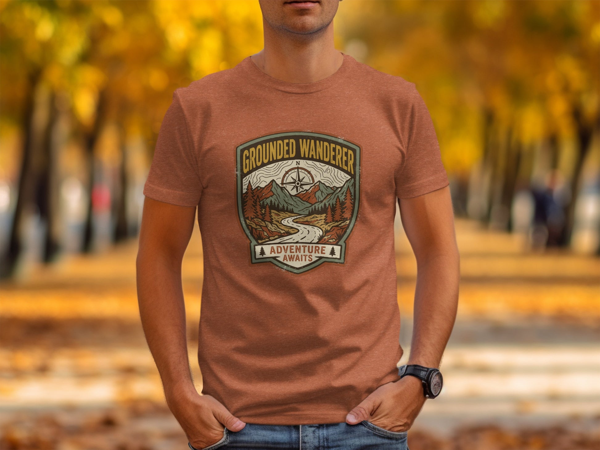 Heritage Grounded Wanderer Adventure Nomad Tee: Grounded Wanderer Adventure Awaits graphic tee on a person.