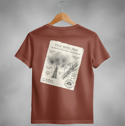 T-shirt with back design showing field notes of saw palmetto and ghost orchid.