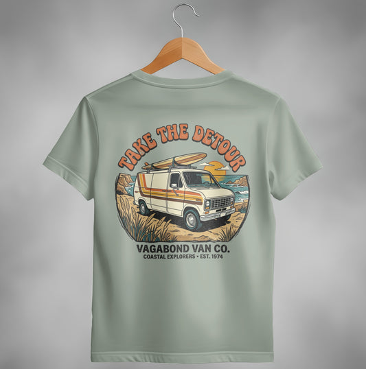 Van with surfboards on top, "Take the Detour" text.