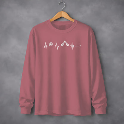 Camping Fire Tent Heartbeat Outdoor Adventure Long Sleeve T-Shirt Long Sleeve Tee - Outdoor & Adventure Collection - Mile Marker 16 Gear by Cloud 16 Clothing Co.
