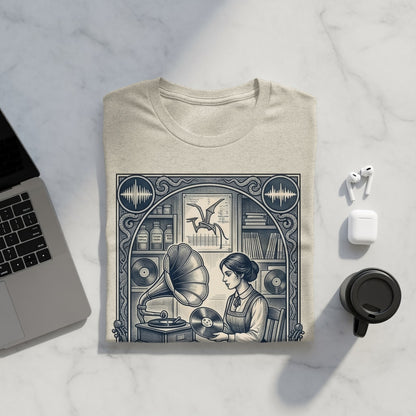 T-shirt with woman holding record near vintage phonograph and ornate frame.