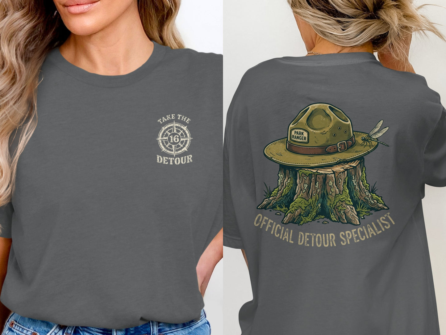 Dark gray t-shirt with "Take the Detour" logo on front and park ranger hat on back.