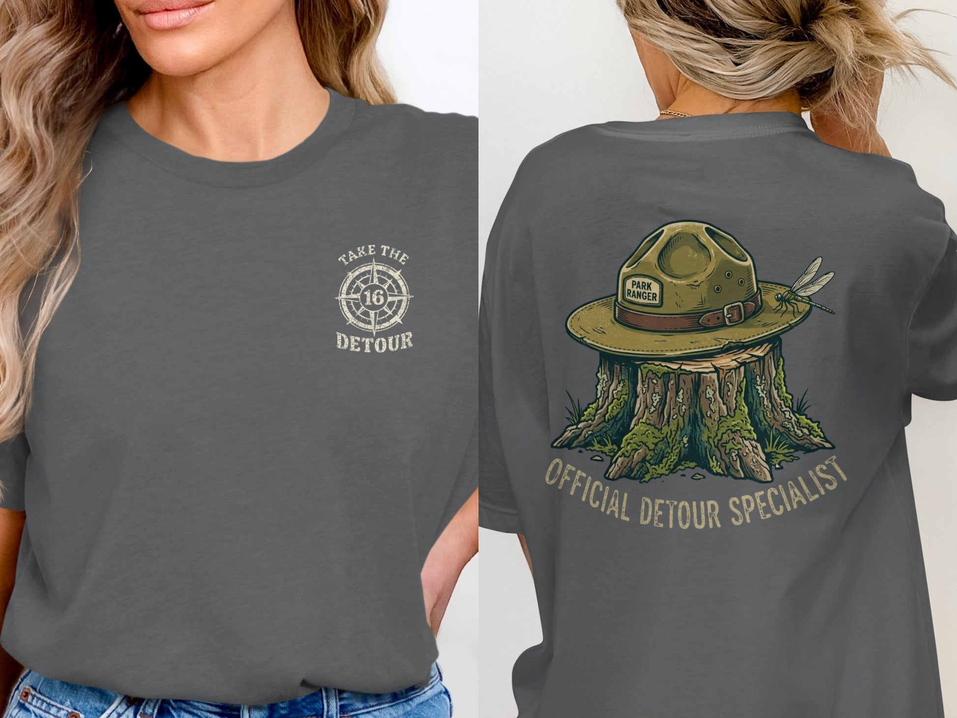 Dark gray t-shirt with "Take the Detour" logo on front and park ranger hat on back.