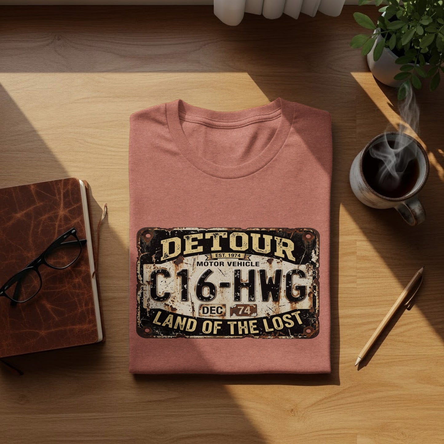 Detour 'Land of the Lost' Vintage | Vintage Outdoor Apparel: T-shirt with "Detour" and "Land of the Lost" license plate design.