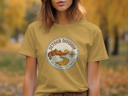 Detour Division Heritage | Vintage Outdoor Apparel: Yellow t-shirt with circular logo: "Detour Division, Est. 1974, Road Less Traveled."