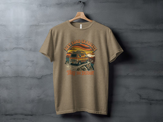 Heritage Dirt Road Graduate Adventure Tee Nomad Tee: T-shirt graphic: van on cliff overlooking sunset, "Dirt Road Graduates Take The Detour" text.