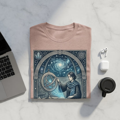 Pink t-shirt with celestial-themed graphic of woman with armillary sphere.