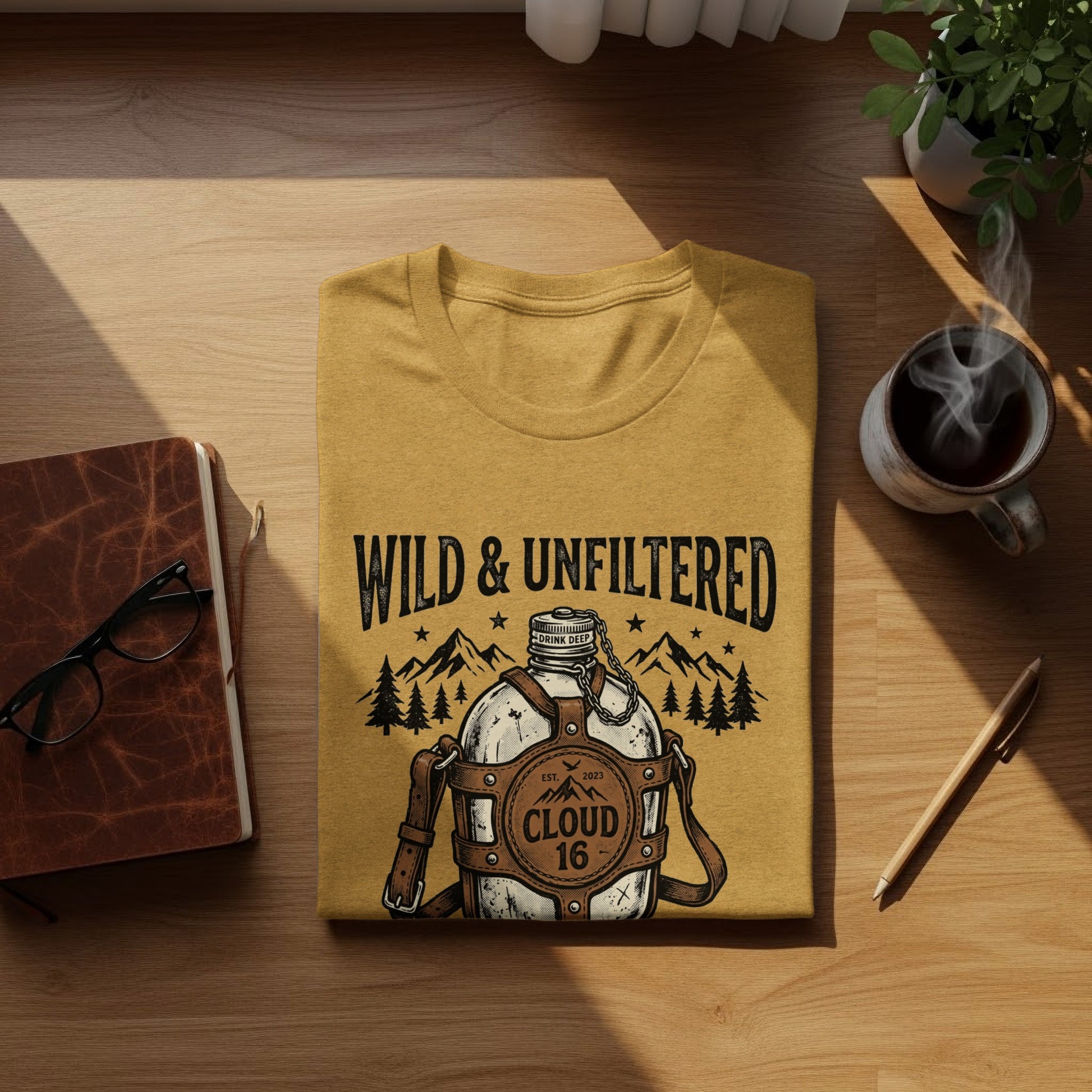 Rugged Wild & Unfiltered Spirit Wilderness Shirt: Yellow t-shirt with "Wild & Unfiltered" text and canteen design.