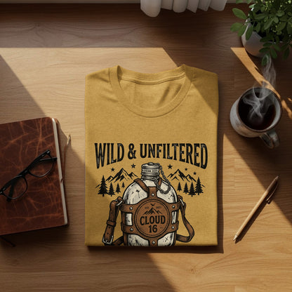 Rugged Wild & Unfiltered Spirit Wilderness Shirt: Yellow t-shirt with "Wild & Unfiltered" text and canteen design.