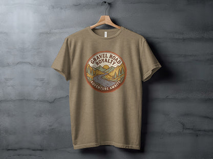 Gravel Road Royalty Vintage Adventure Tee: Backcountry Outpost Shirt: Brown t-shirt with a circular mountain landscape graphic.