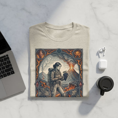 T-shirt with a hiker holding grapes against a volcanic landscape.