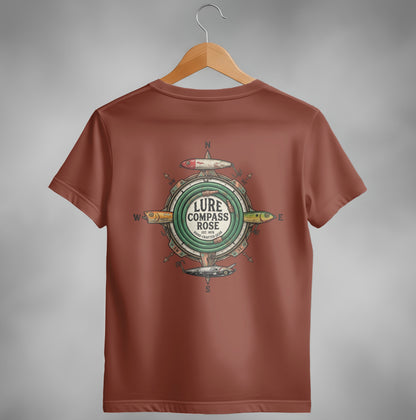 Brown t-shirt with Lure Compass Rose logo and fishing lures.