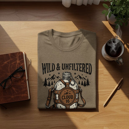 Rugged Wild & Unfiltered Spirit Wilderness Shirt: Brown t-shirt with "WILD & UNFILTERED" and a canteen design.