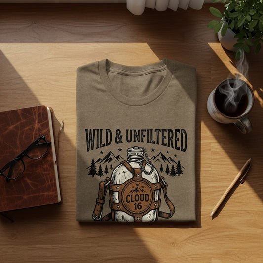 Rugged Wild & Unfiltered Spirit Wilderness Shirt: Brown t-shirt with "WILD & UNFILTERED" and a canteen design.