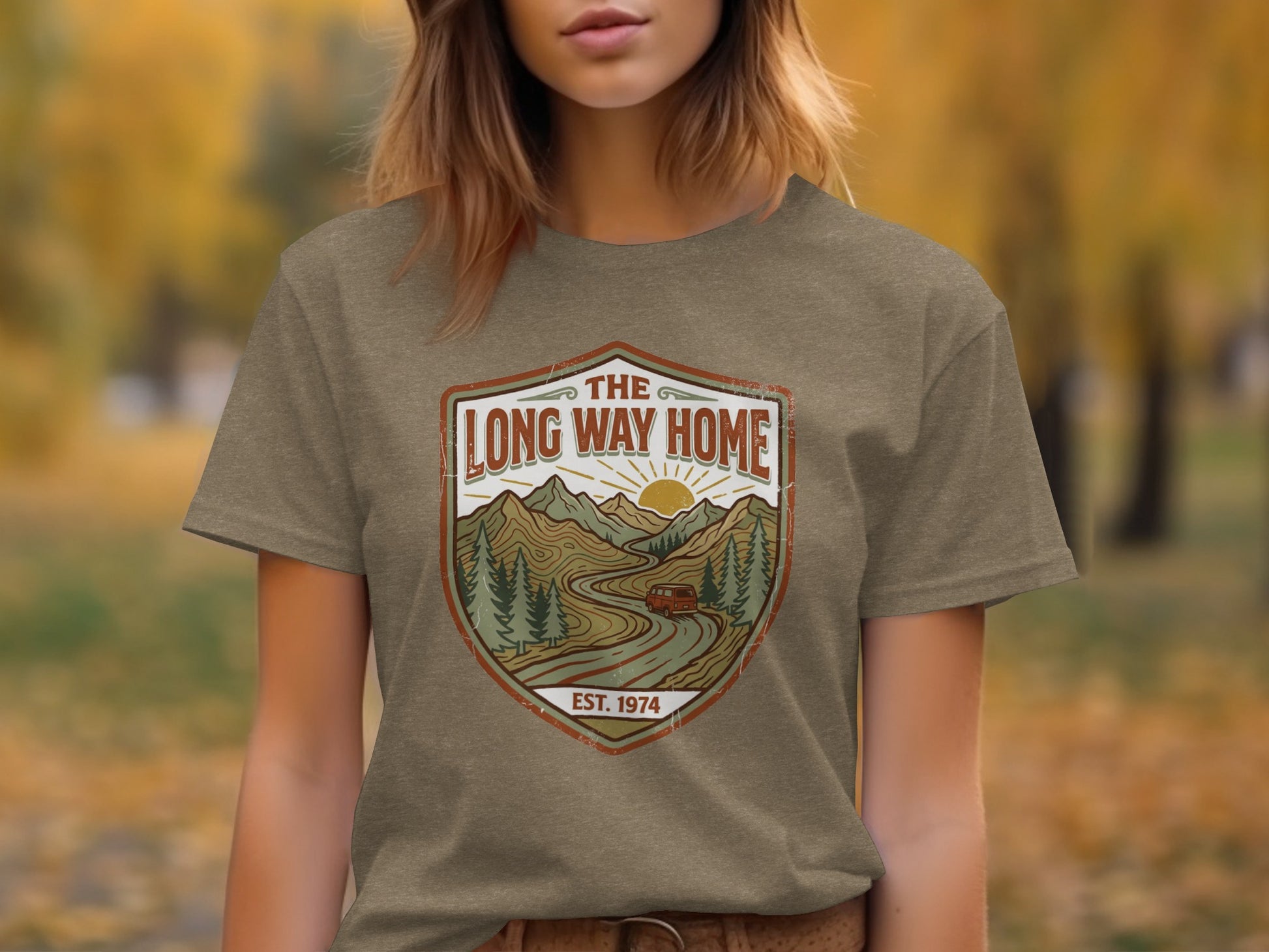 Rugged The Long Way Home | Vintage Adventure Wilderness Shirt: The Long Way Home t-shirt with vintage mountain landscape and est. 1974.