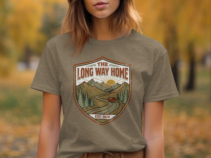 Rugged The Long Way Home | Vintage Adventure Wilderness Shirt: The Long Way Home t-shirt with vintage mountain landscape and est. 1974.