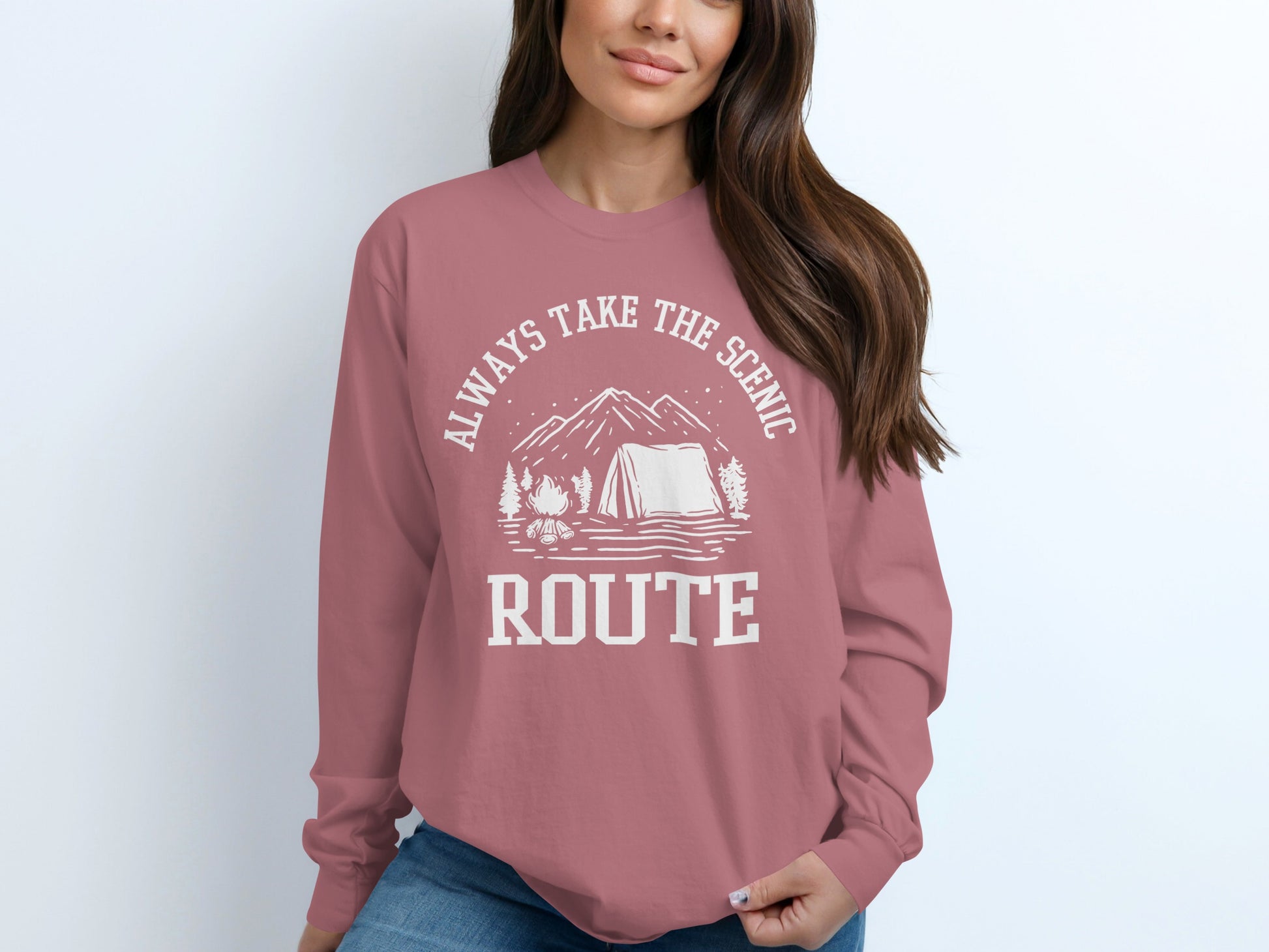 Always Take The Scenic Route Camping Adventure Long Sleeve T-Shirt Long Sleeve Tee - Outdoor & Adventure Collection - Mile Marker 16 Gear by Cloud 16 Clothing Co.