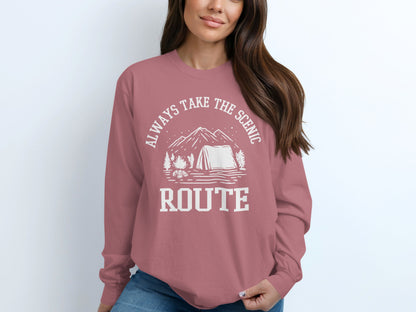 Always Take The Scenic Route Camping Adventure Long Sleeve T-Shirt Long Sleeve Tee - Outdoor & Adventure Collection - Mile Marker 16 Gear by Cloud 16 Clothing Co.