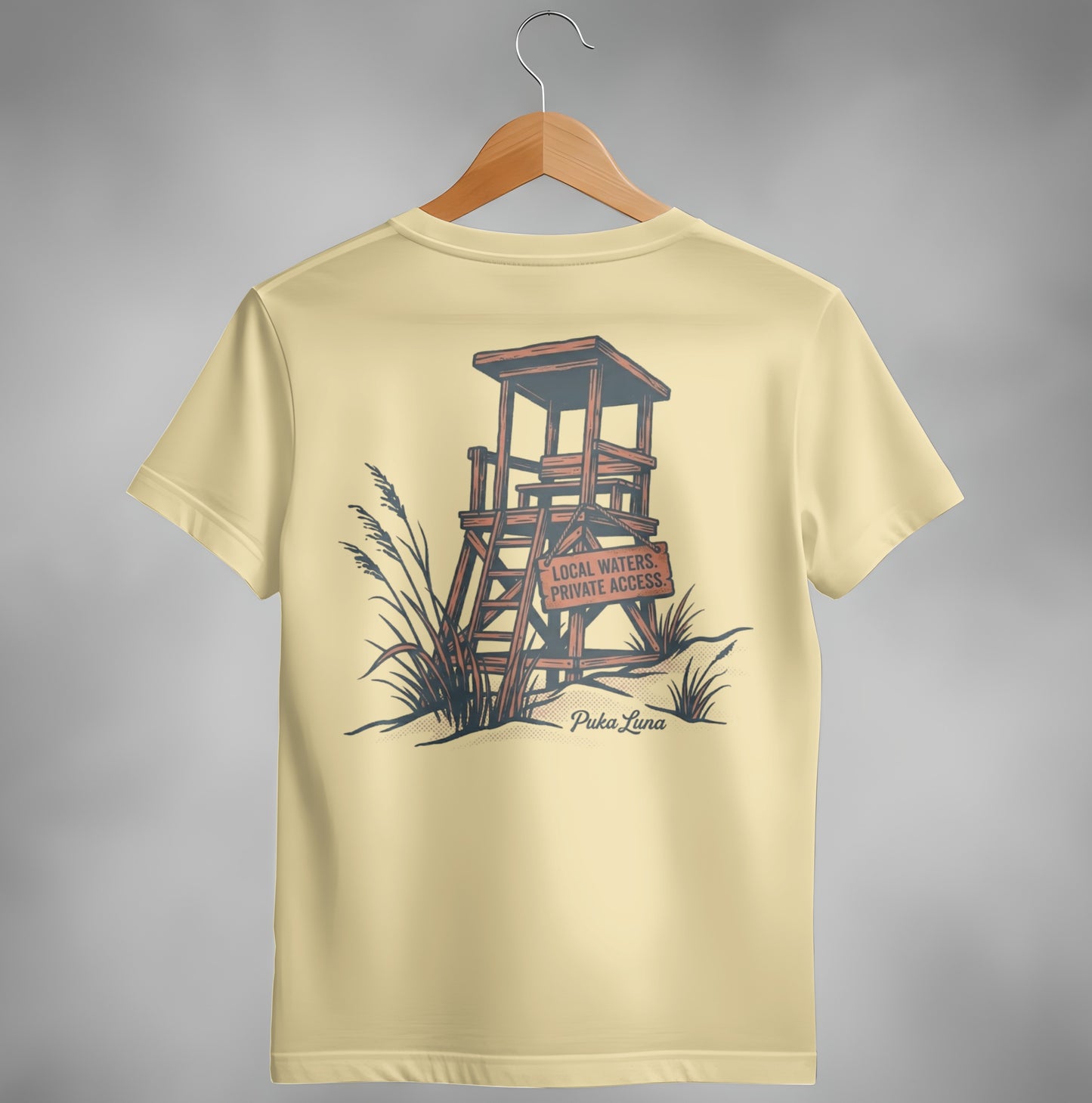 Yellow t-shirt with lifeguard tower, sand, grass, and text "Local Waters Private Access."