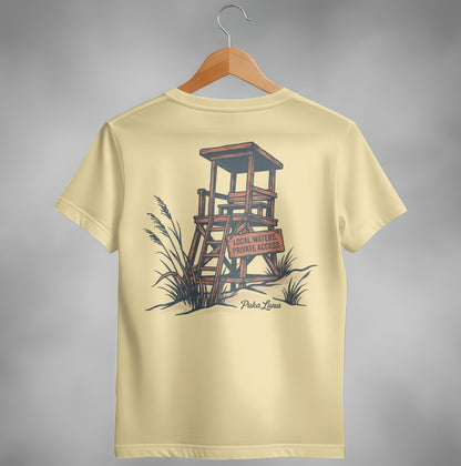 Yellow t-shirt with lifeguard tower, sand, grass, and text "Local Waters Private Access."
