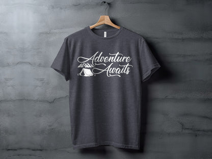 Adventure Awaits Tent Mountains Graphic Design T-Shirt T-Shirt - Outdoor & Adventure Collection - Mile Marker 16 Gear by Cloud 16 Clothing Co.