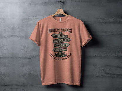 Nowhere Signpost Adventure: Backcountry Outpost Shirt: T-shirt with "Nowhere Signpost" design: creek, secret spot, nowhere, home, lost is a relative term.