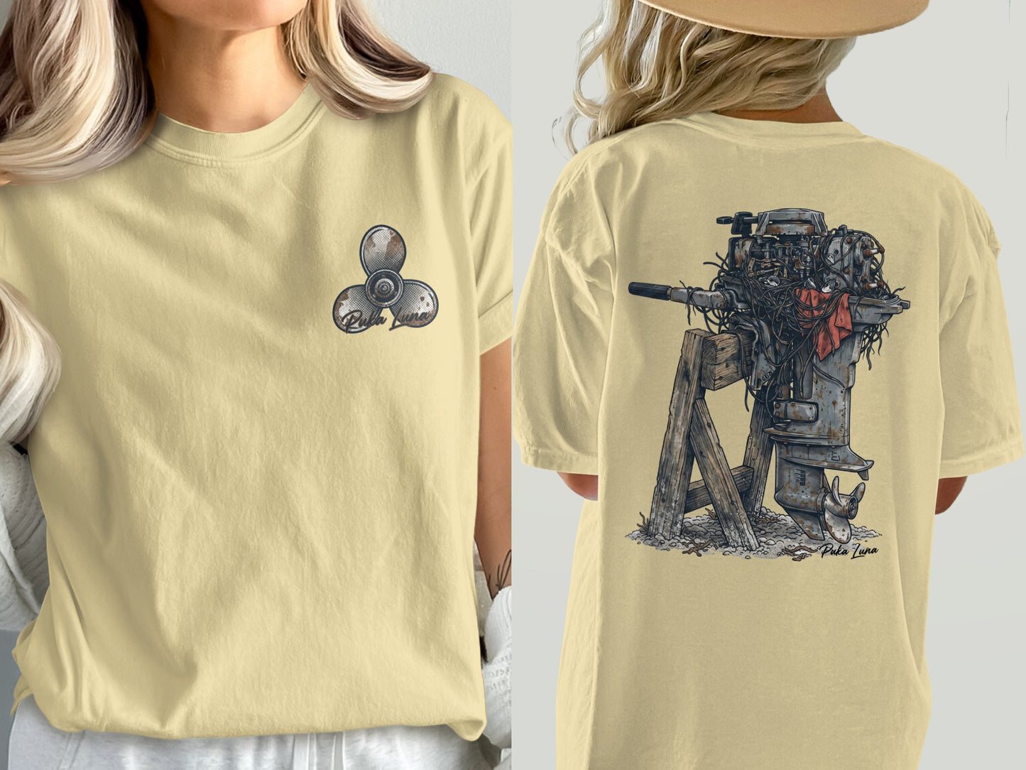 T-shirt with outboard motor illustration on back, propeller detail on front.