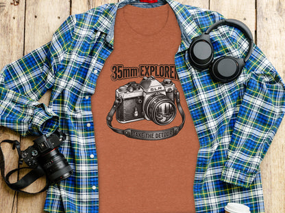 35mm Explorer Detour | Vintage Outdoor Apparel: T-shirt with vintage camera graphic, "35mm EXPLORER TAKE THE DETOUR."