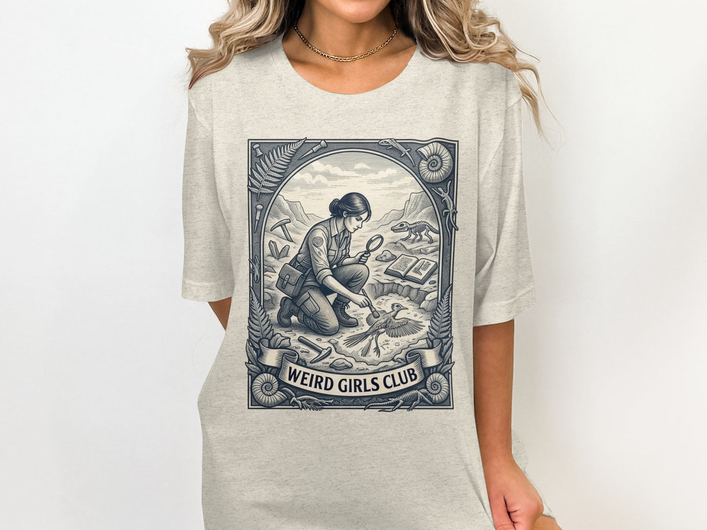 Illustration of a paleontologist examining a fossil with "Weird Girls Club" text.