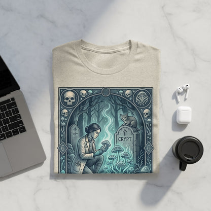 T-shirt with a mystical graveyard scene featuring a woman and glowing mushrooms.