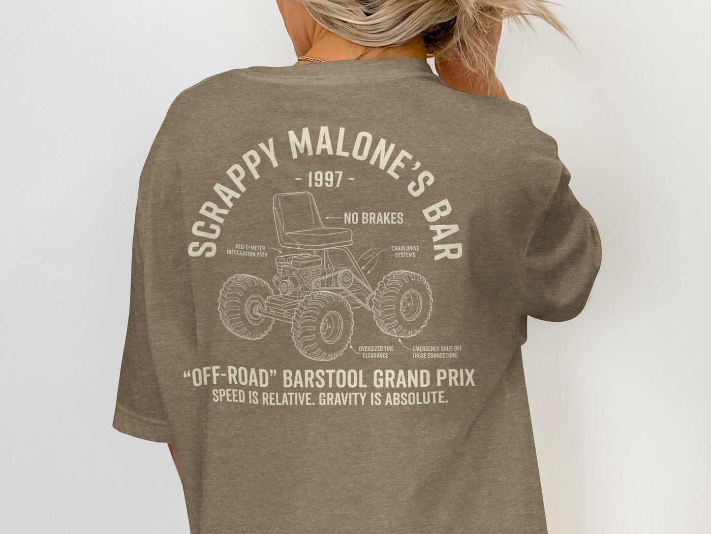 Graphic design for "Scrappy Malone's Bar" with off-road barstool Grand Prix illustration.