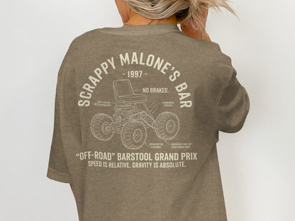 Graphic design for "Scrappy Malone's Bar" with off-road barstool Grand Prix illustration.