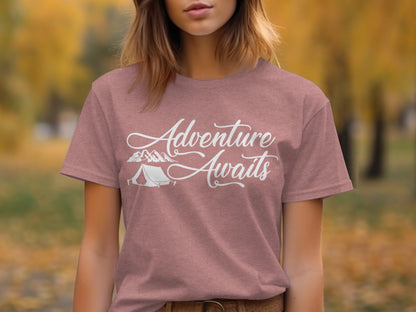 Adventure Awaits Tent Mountains Graphic Design T-Shirt T-Shirt - Outdoor & Adventure Collection - Mile Marker 16 Gear by Cloud 16 Clothing Co.