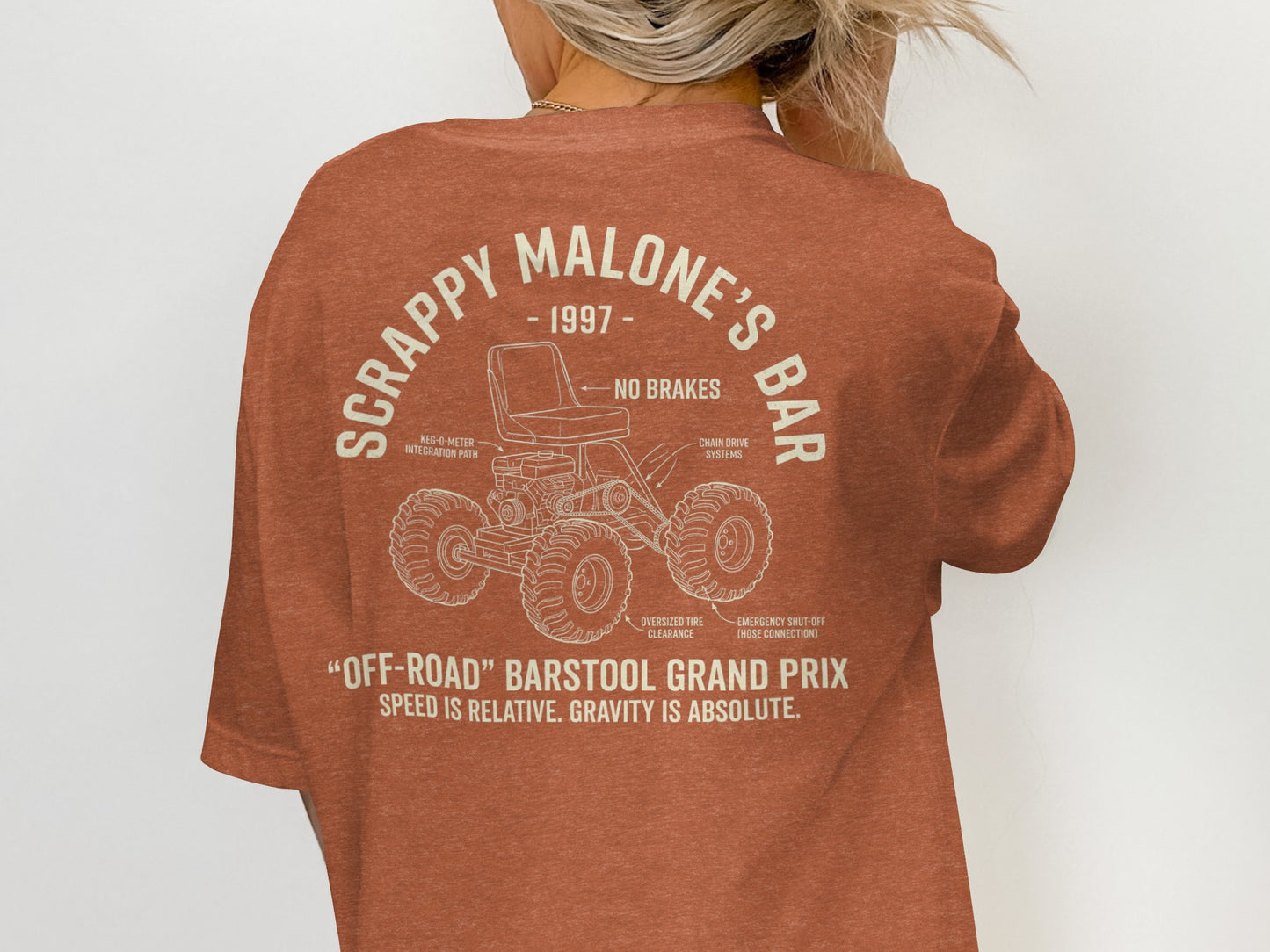 T-shirt with "Scrappy Malone's Bar" text and off-road barstool illustration.
