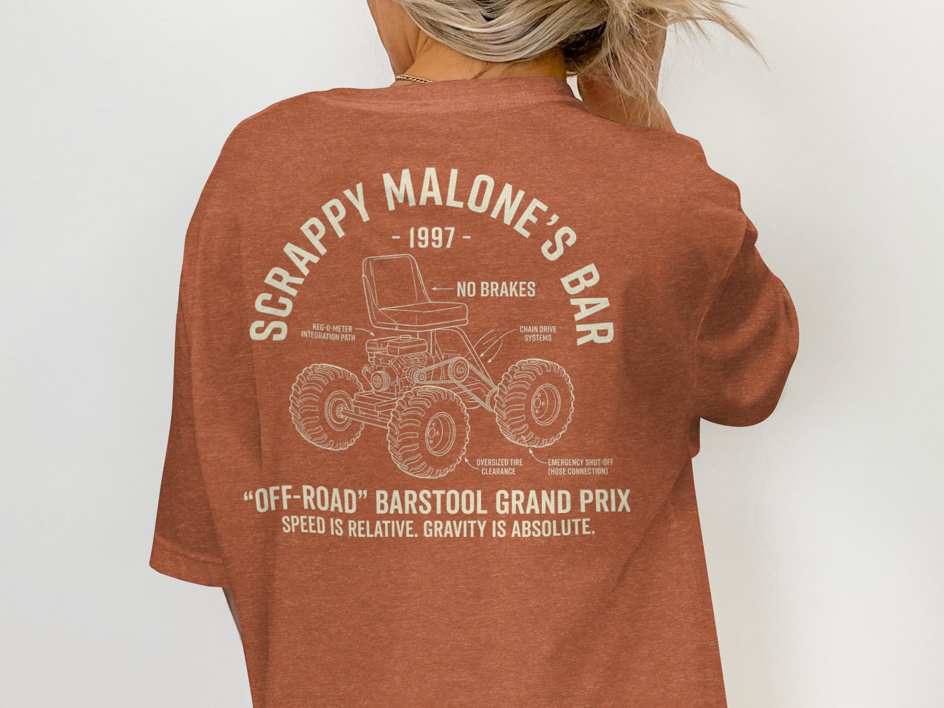 T-shirt with "Scrappy Malone's Bar" text and off-road barstool illustration.