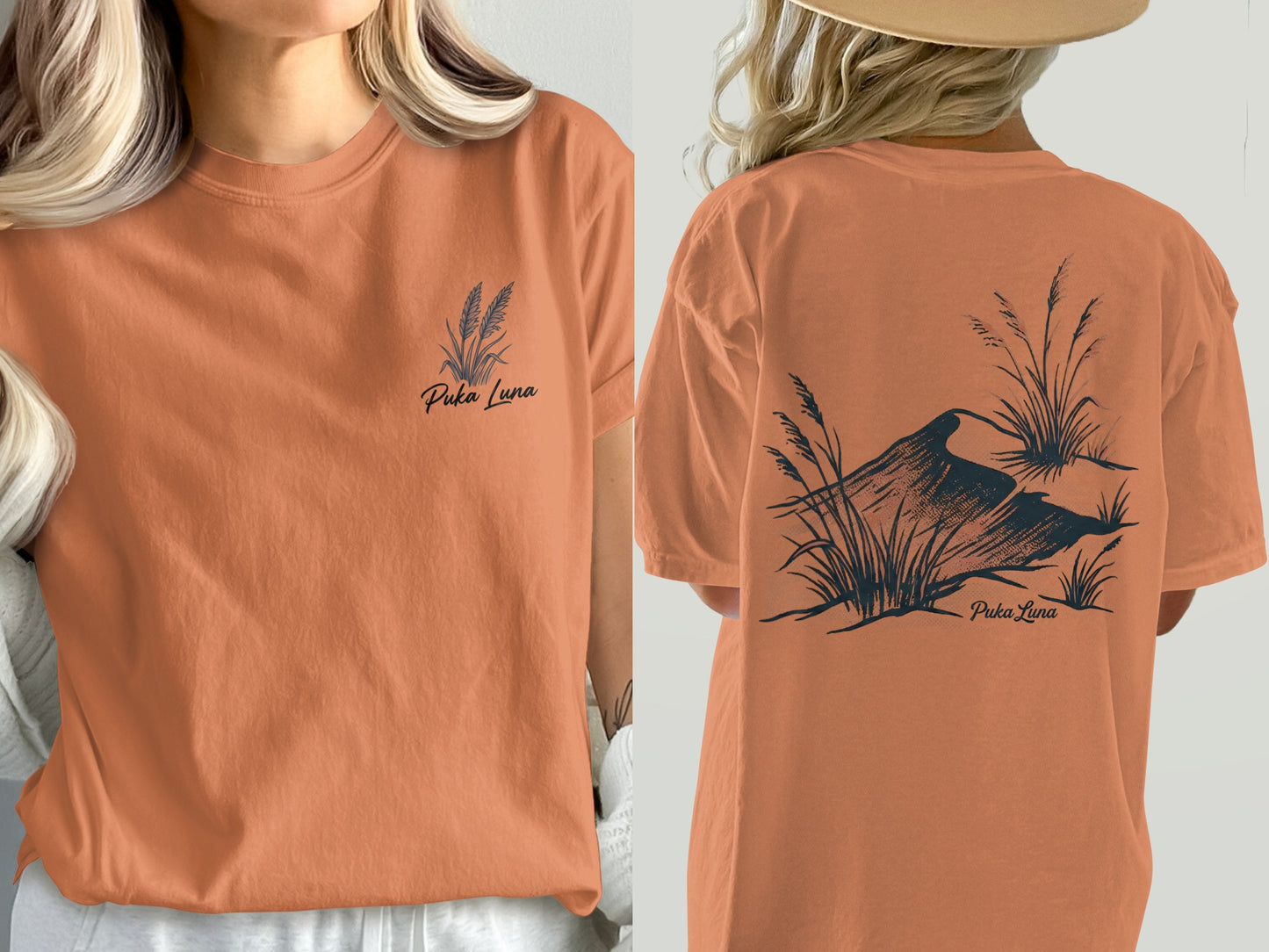 Orange t-shirt with "Puka Luna" text and grass and bird illustration.