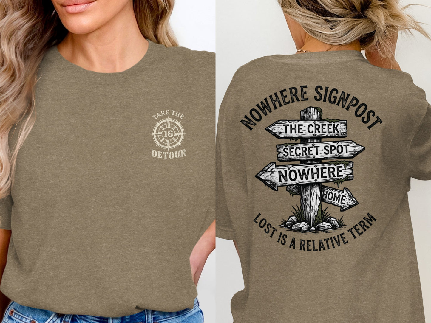 Brown t-shirt with "Detour" on front and "Nowhere Signpost" graphic on back.
